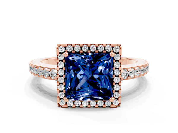 Rose gold Princess Cut Blue Sapphire Halo Engagement Ring with Pavé Band and Prong Setting