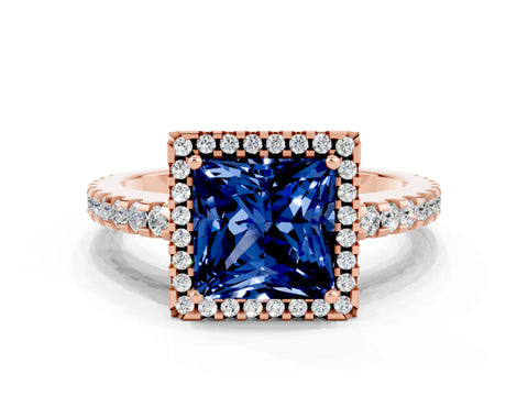 Rose gold Princess Cut Blue Sapphire Halo Engagement Ring with Pavé Band and Prong Setting_12