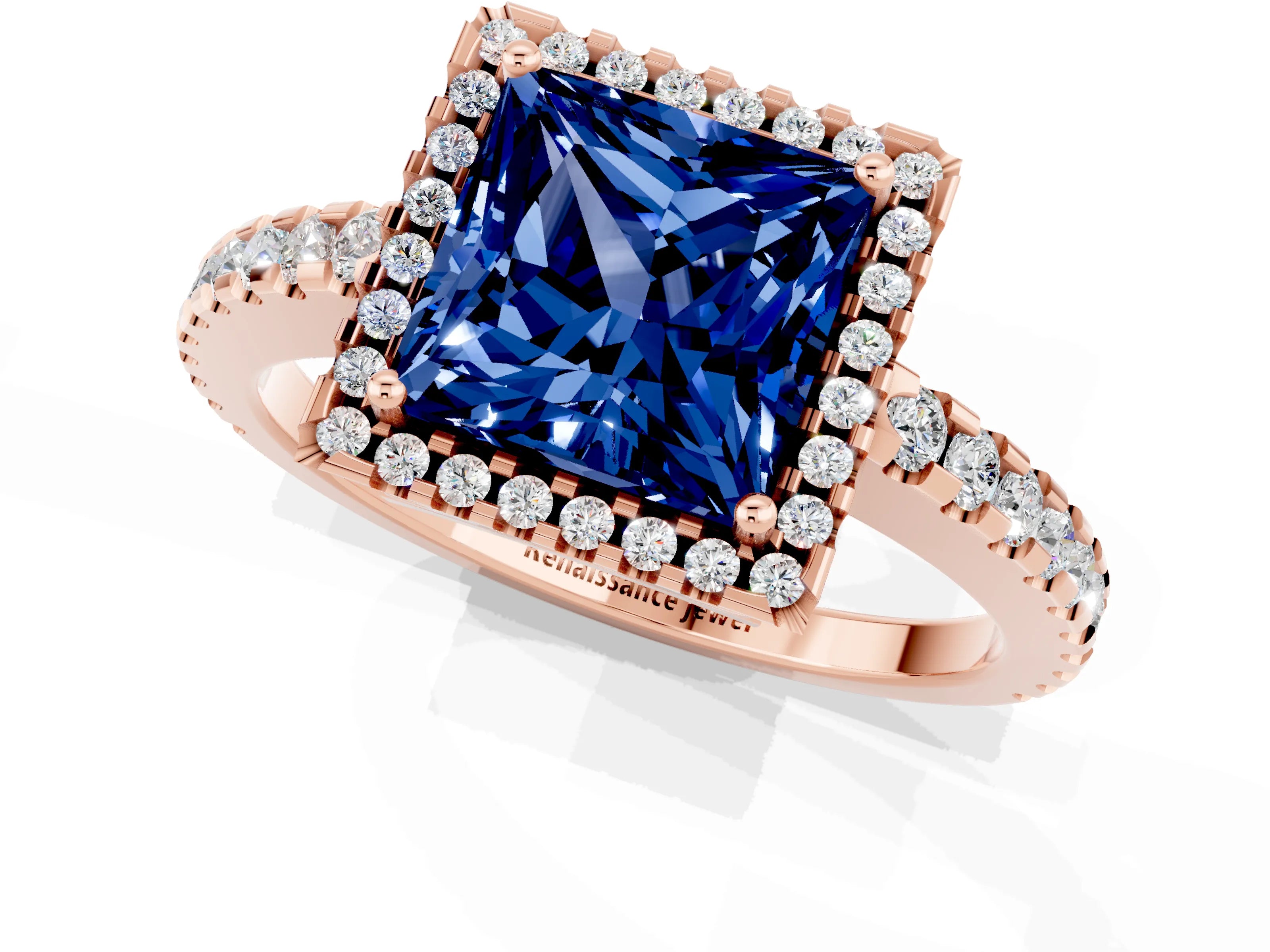 Rose gold Princess Cut Blue Sapphire Halo Engagement Ring with Pavé Band and Prong Setting_13