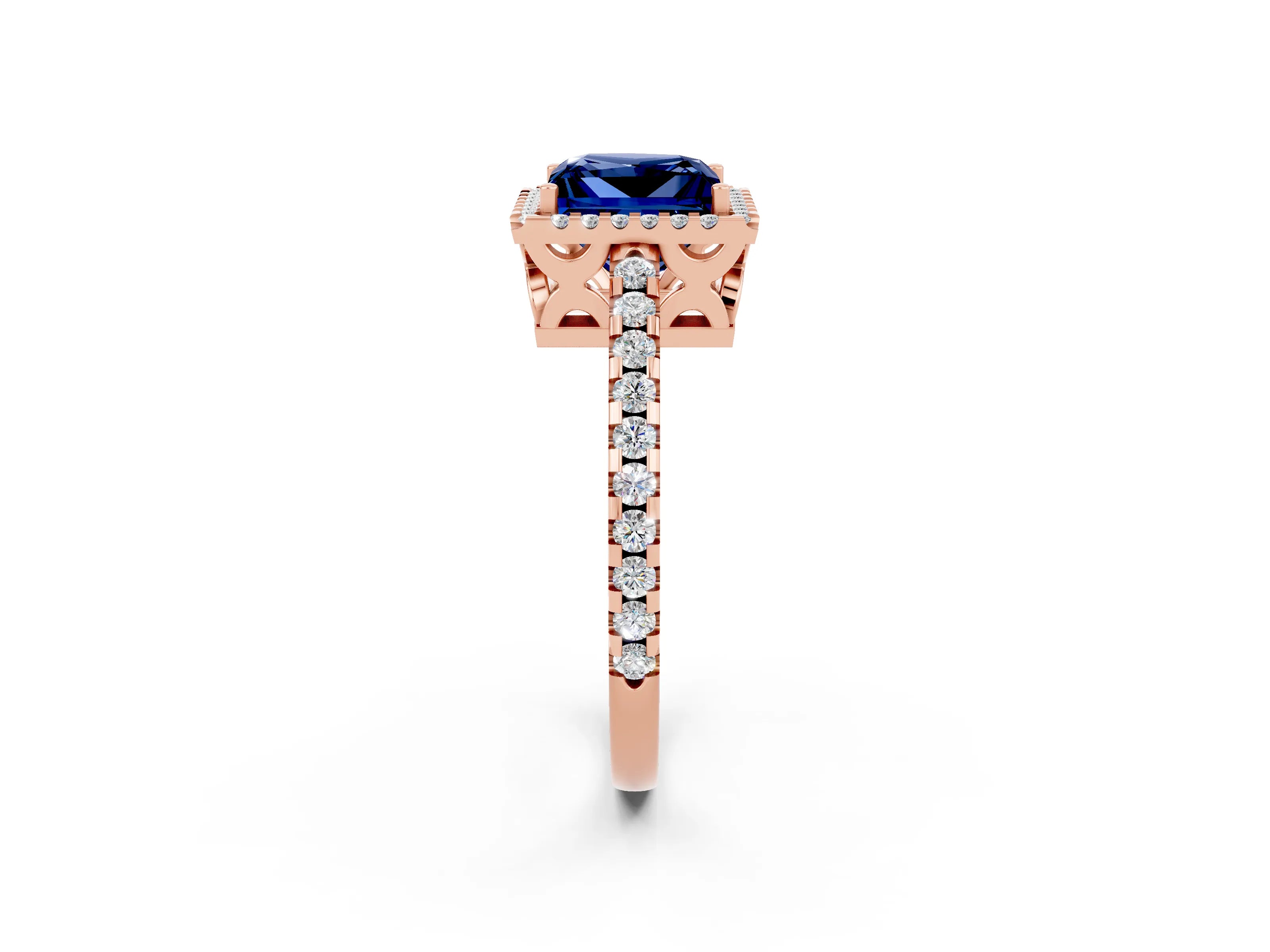 Rose gold Princess Cut Blue Sapphire Halo Engagement Ring with Pavé Band and Prong Setting_14