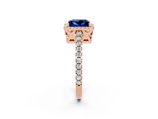 Rose gold Princess Cut Blue Sapphire Halo Engagement Ring with Pavé Band and Prong Setting