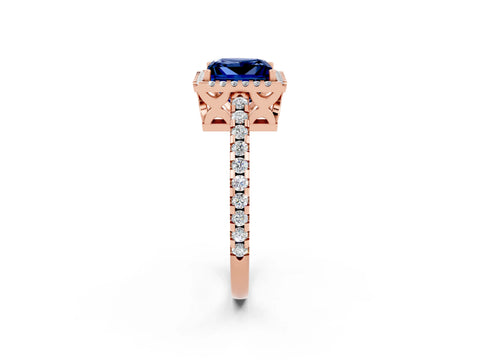 Rose gold Princess Cut Blue Sapphire Halo Engagement Ring with Pavé Band and Prong Setting_14