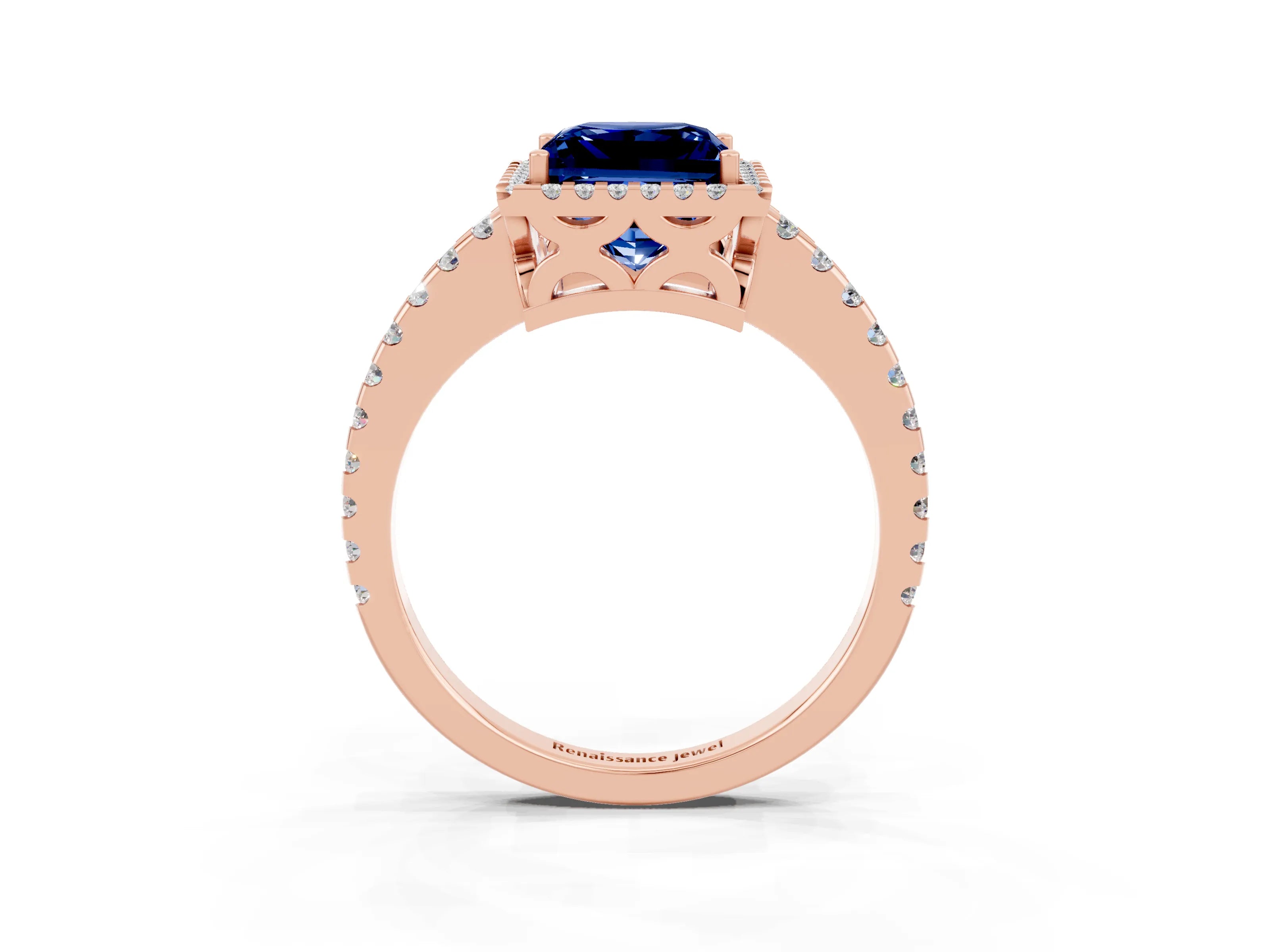 Rose gold Princess Cut Blue Sapphire Halo Engagement Ring with Pavé Band and Prong Setting_15