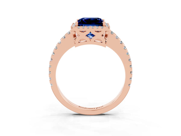 Rose gold Princess Cut Blue Sapphire Halo Engagement Ring with Pavé Band and Prong Setting