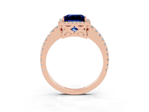 Rose gold Princess Cut Blue Sapphire Halo Engagement Ring with Pavé Band and Prong Setting_15