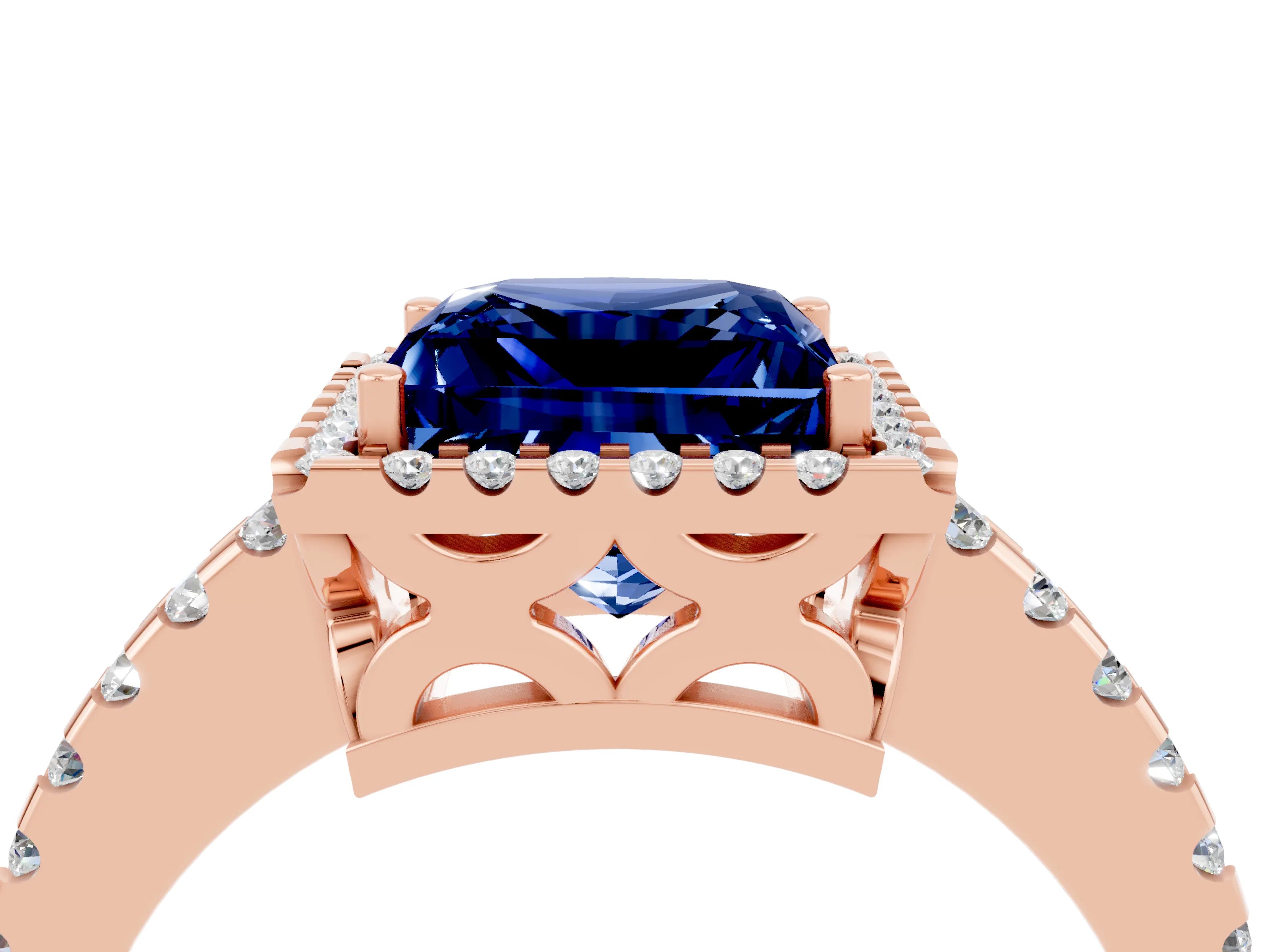 Rose gold Princess Cut Blue Sapphire Halo Engagement Ring with Pavé Band and Prong Setting_16