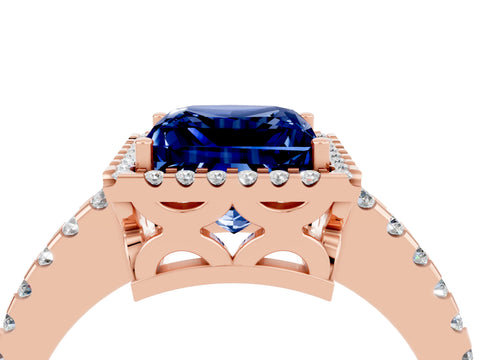 Rose gold Princess Cut Blue Sapphire Halo Engagement Ring with Pavé Band and Prong Setting_16