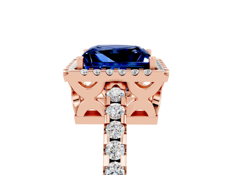 Rose gold Princess Cut Blue Sapphire Halo Engagement Ring with Pavé Band and Prong Setting_17