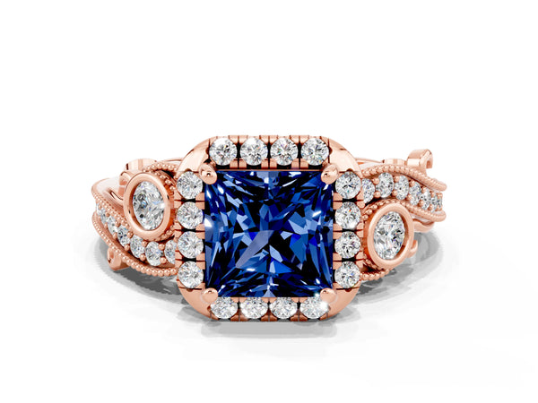 Rose gold Princess Cut Blue Sapphire Halo Ring with Milgrain Pavé Band and Four-Prong Setting