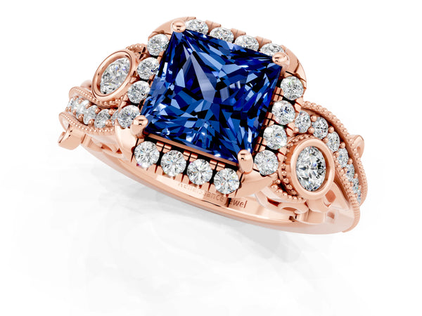 Rose gold Princess Cut Blue Sapphire Halo Ring with Milgrain Pavé Band and Four-Prong Setting