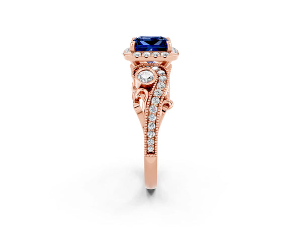 Rose gold Princess Cut Blue Sapphire Halo Ring with Milgrain Pavé Band and Four-Prong Setting