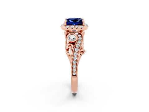Rose gold Princess Cut Blue Sapphire Halo Ring with Milgrain Pavé Band and Four-Prong Setting_14