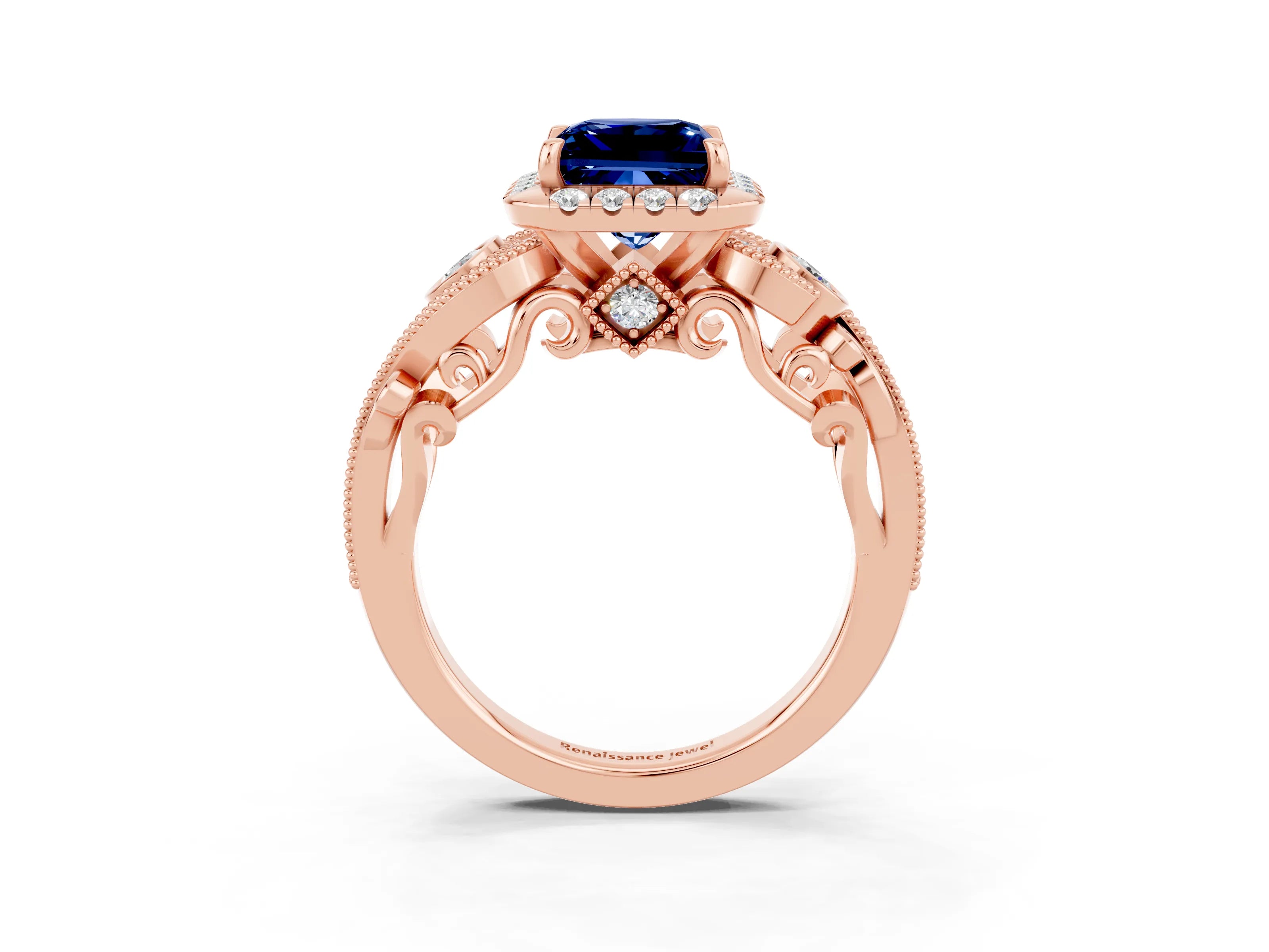 Rose gold Princess Cut Blue Sapphire Halo Ring with Milgrain Pavé Band and Four-Prong Setting_15