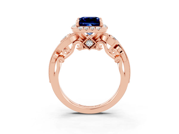 Rose gold Princess Cut Blue Sapphire Halo Ring with Milgrain Pavé Band and Four-Prong Setting