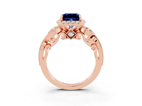 Rose gold Princess Cut Blue Sapphire Halo Ring with Milgrain Pavé Band and Four-Prong Setting_15