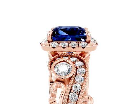 Rose gold Princess Cut Blue Sapphire Halo Ring with Milgrain Pavé Band and Four-Prong Setting_17