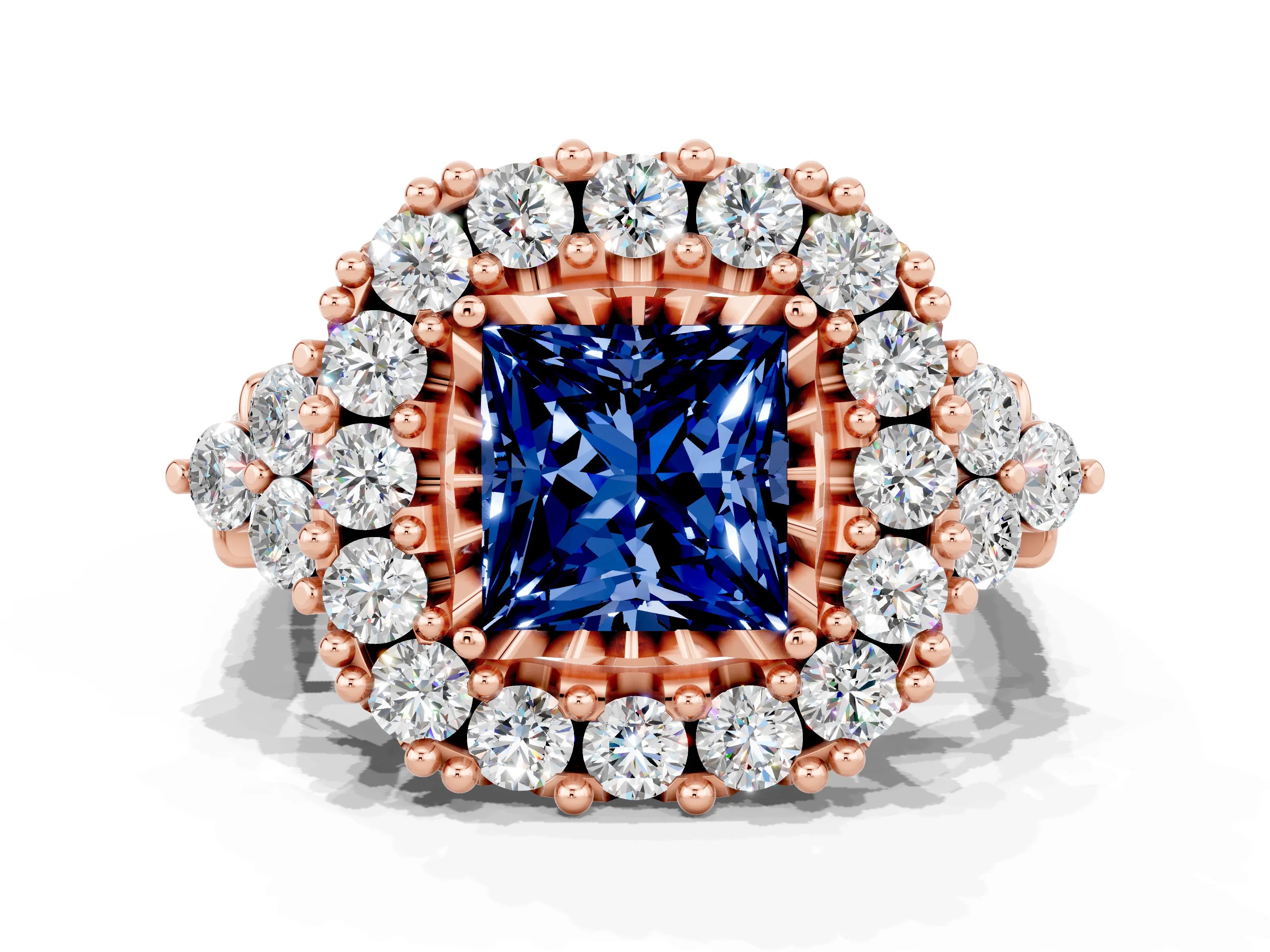 Rose gold Princess Cut Blue Sapphire Halo Ring with Pavé Band and Four-Prong Setting_12