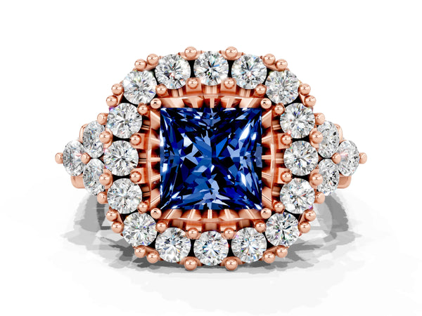 Rose gold Princess Cut Blue Sapphire Halo Ring with Pavé Band and Four-Prong Setting