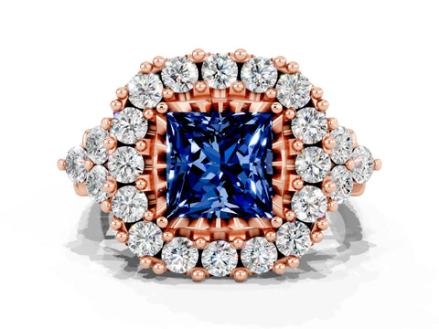 Rose gold Princess Cut Blue Sapphire Halo Ring with Pavé Band and Four-Prong Setting_12