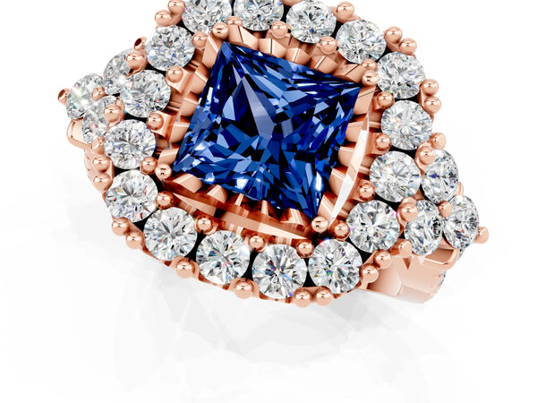 Rose gold Princess Cut Blue Sapphire Halo Ring with Pavé Band and Four-Prong Setting