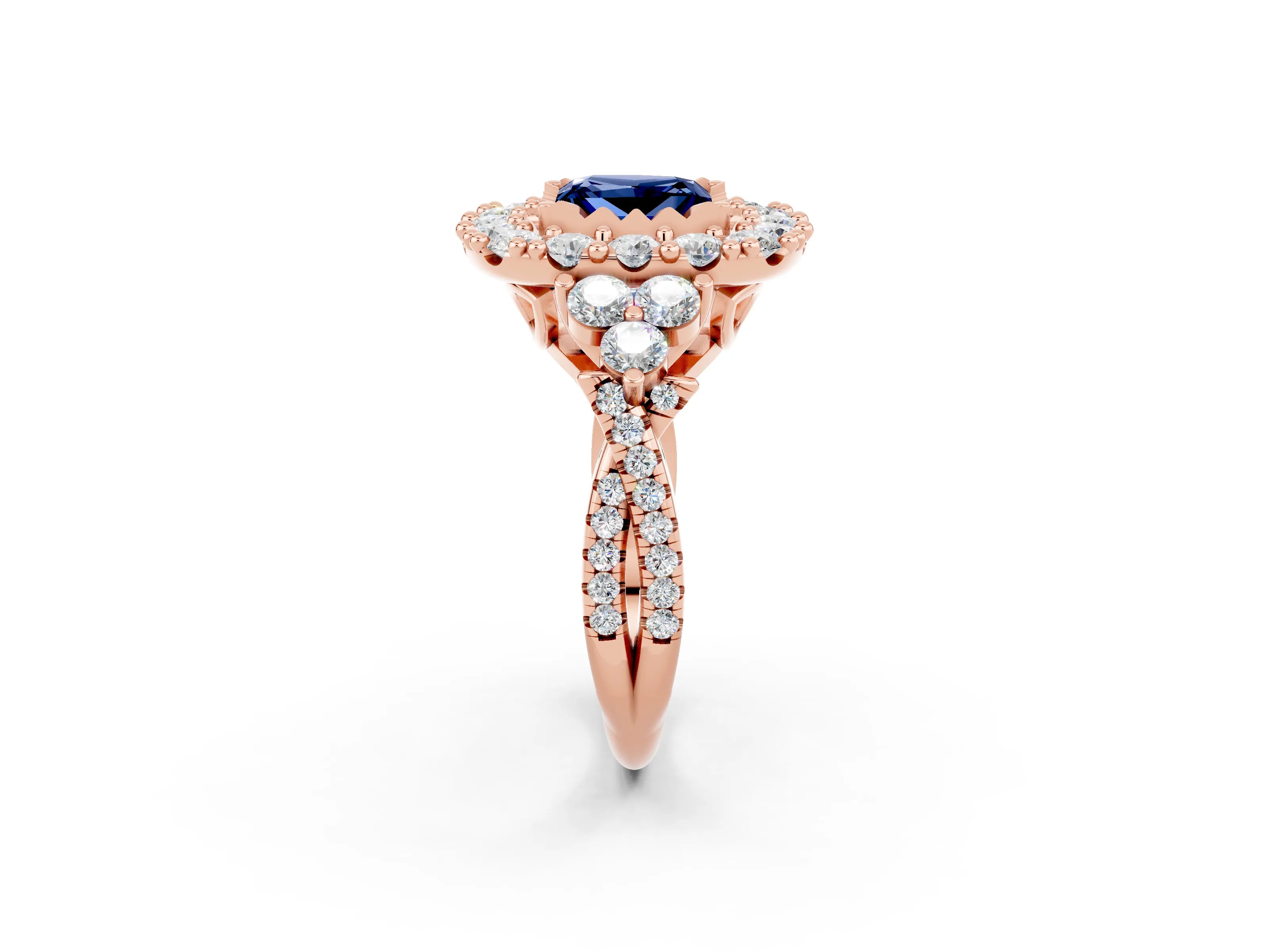 Rose gold Princess Cut Blue Sapphire Halo Ring with Pavé Band and Four-Prong Setting_14