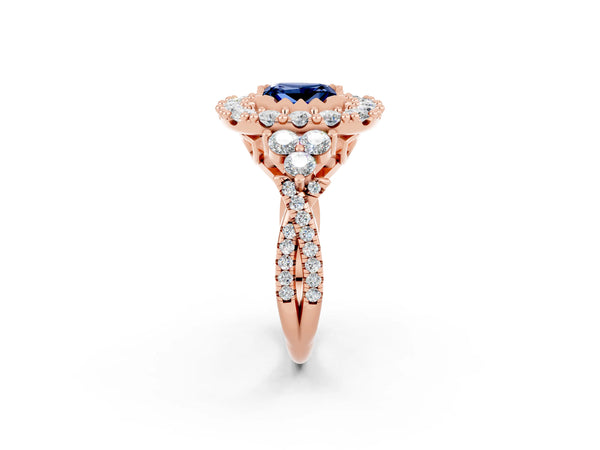 Rose gold Princess Cut Blue Sapphire Halo Ring with Pavé Band and Four-Prong Setting