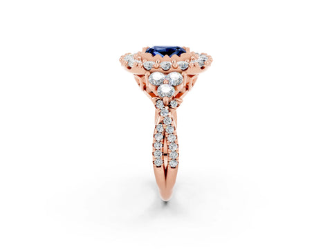 Rose gold Princess Cut Blue Sapphire Halo Ring with Pavé Band and Four-Prong Setting_14