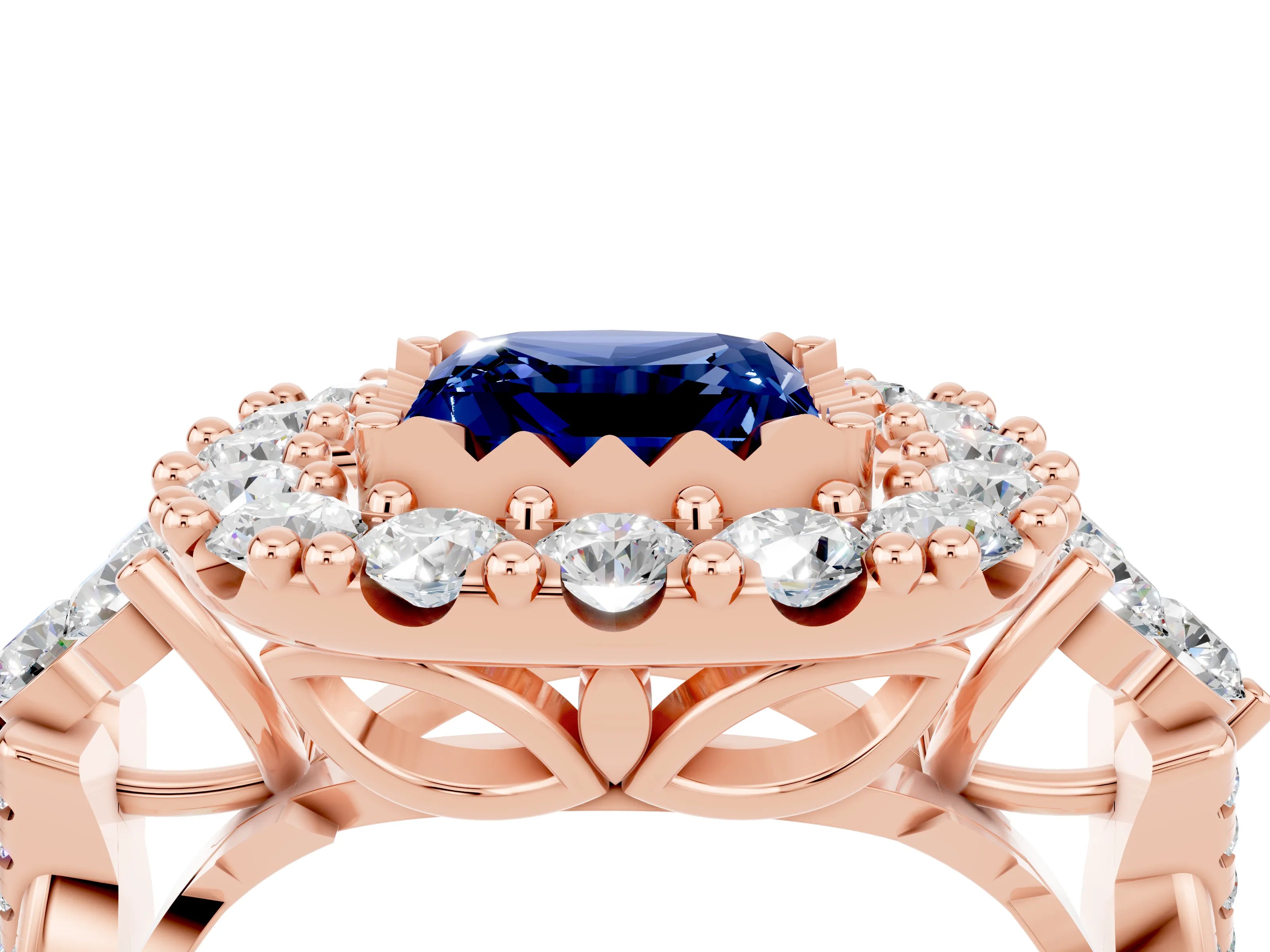 Rose gold Princess Cut Blue Sapphire Halo Ring with Pavé Band and Four-Prong Setting_16