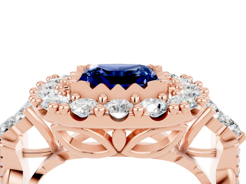 Rose gold Princess Cut Blue Sapphire Halo Ring with Pavé Band and Four-Prong Setting_16