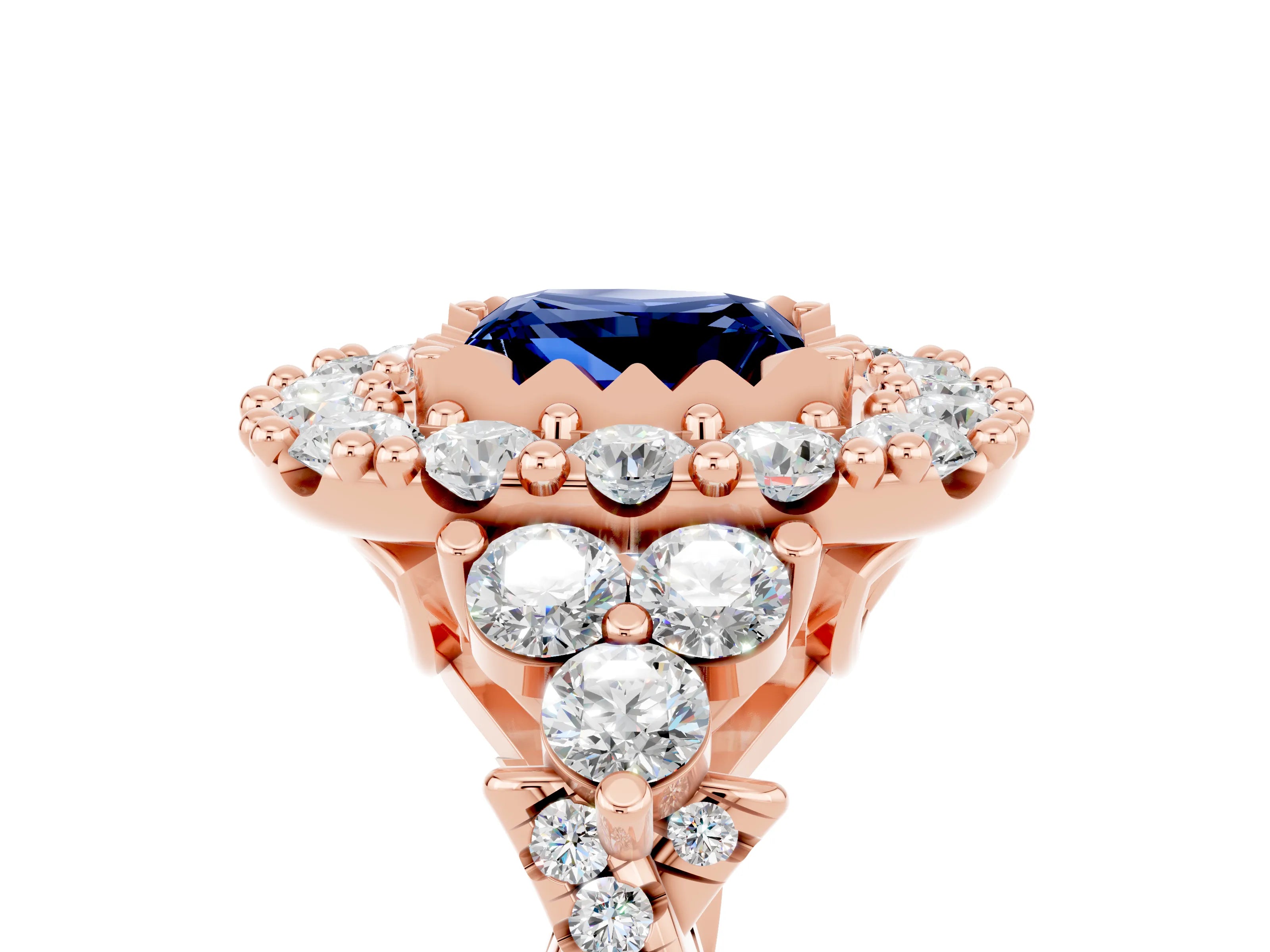Rose gold Princess Cut Blue Sapphire Halo Ring with Pavé Band and Four-Prong Setting_17