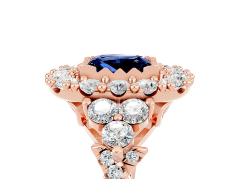 Rose gold Princess Cut Blue Sapphire Halo Ring with Pavé Band and Four-Prong Setting_17