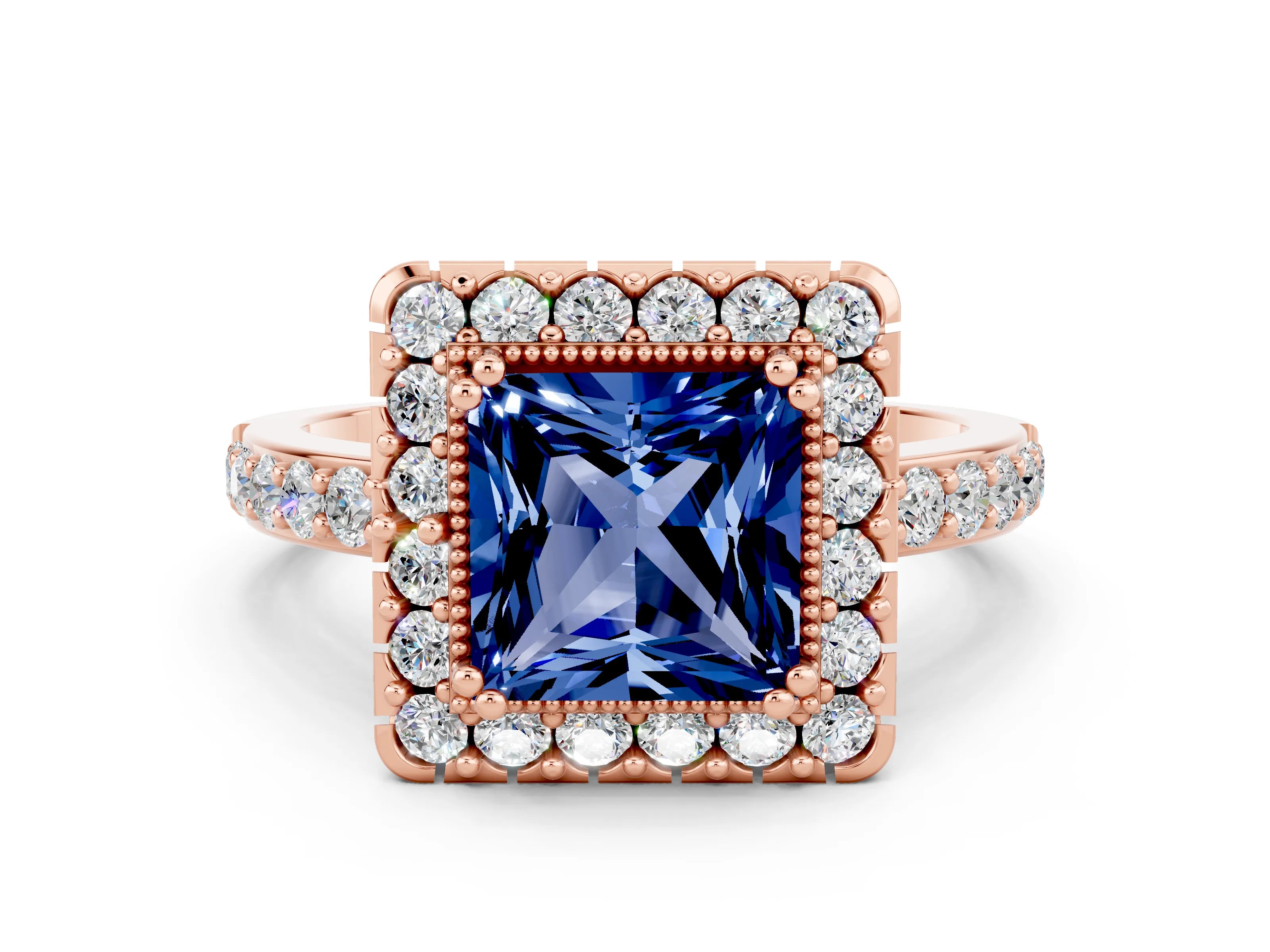 Rose gold Princess Cut Blue Sapphire Halo Ring with Pavé Band and Prong Setting
