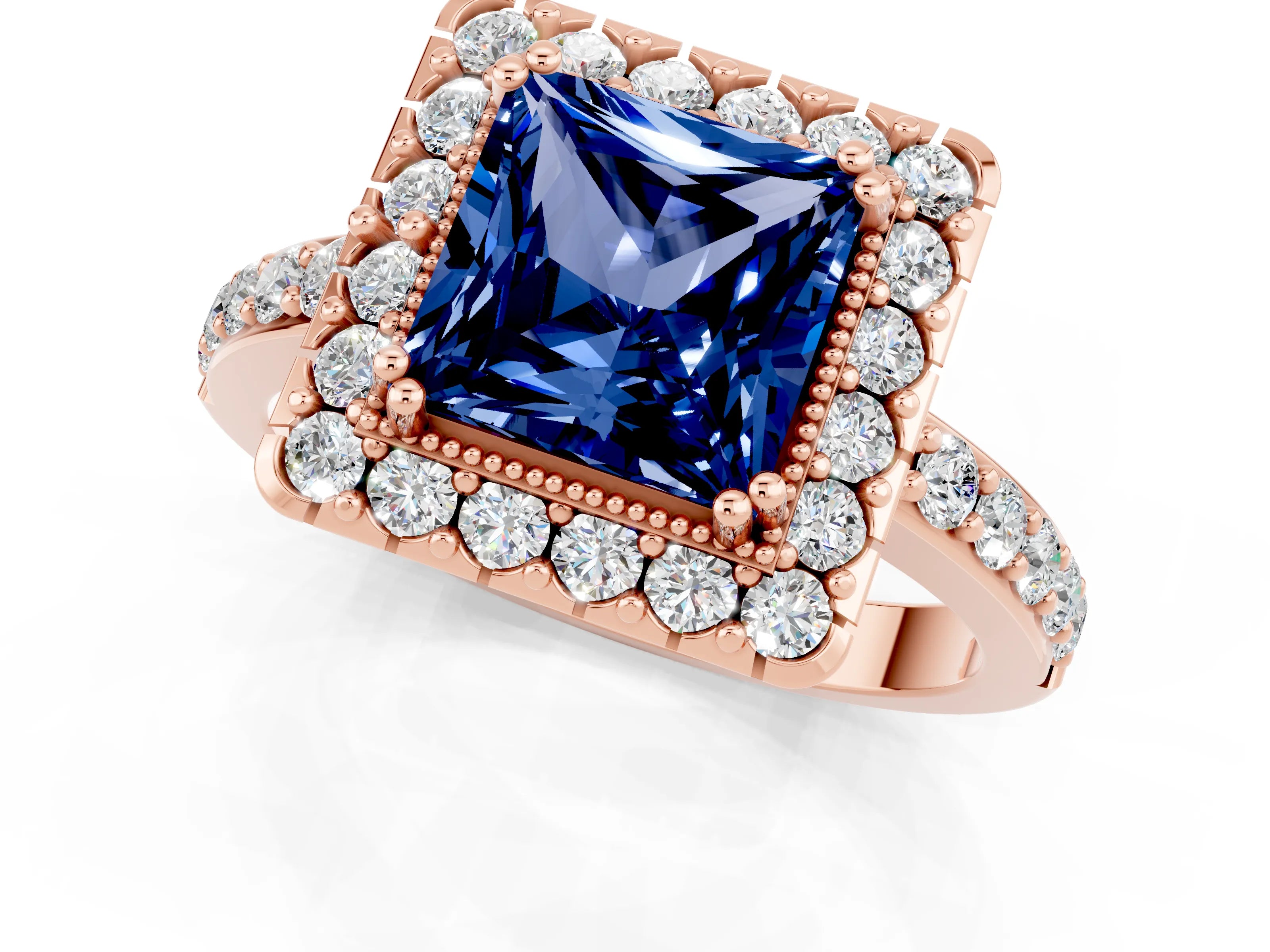 Rose gold Princess Cut Blue Sapphire Halo Ring with Pavé Band and Prong Setting_1