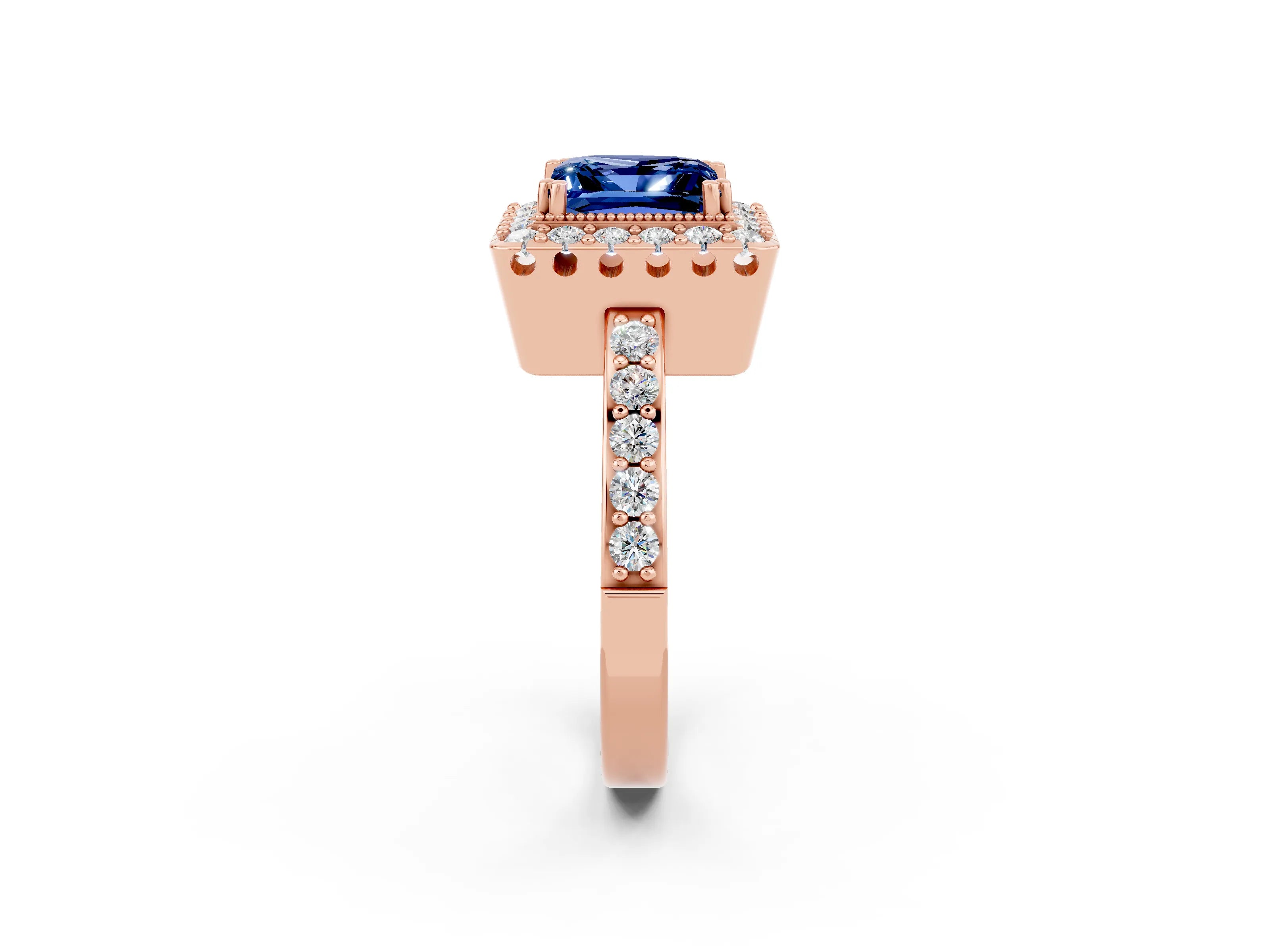 Rose gold Princess Cut Blue Sapphire Halo Ring with Pavé Band and Prong Setting_2