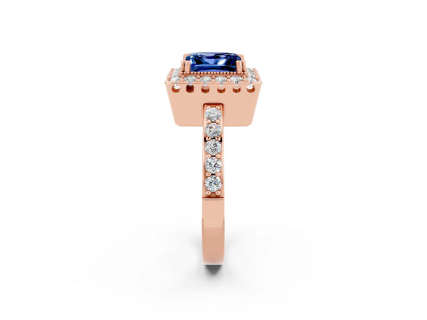 Rose gold Princess Cut Blue Sapphire Halo Ring with Pavé Band and Prong Setting