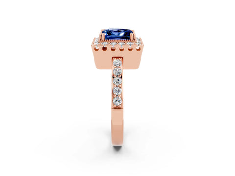 Rose gold Princess Cut Blue Sapphire Halo Ring with Pavé Band and Prong Setting_2