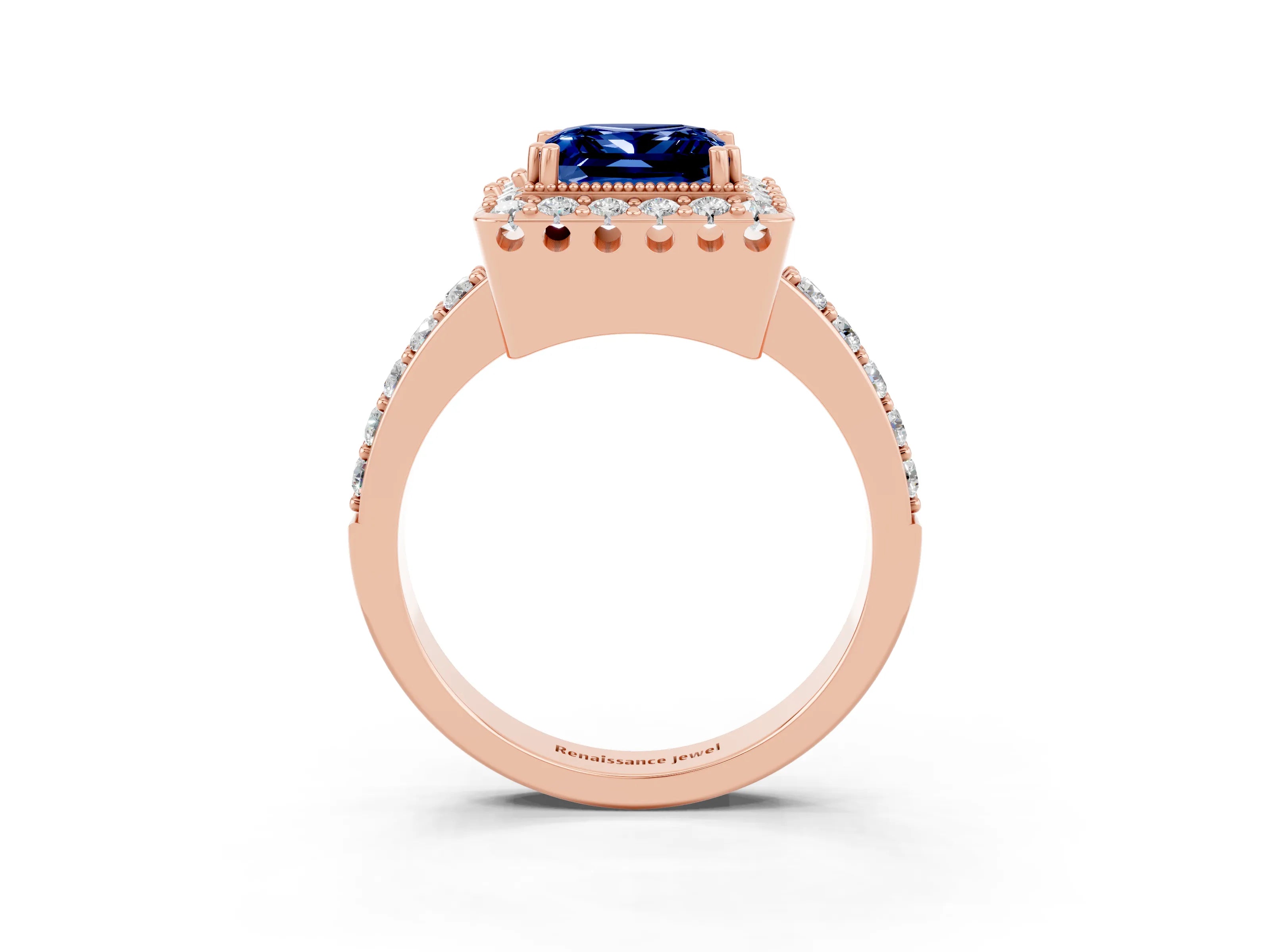Rose gold Princess Cut Blue Sapphire Halo Ring with Pavé Band and Prong Setting_3
