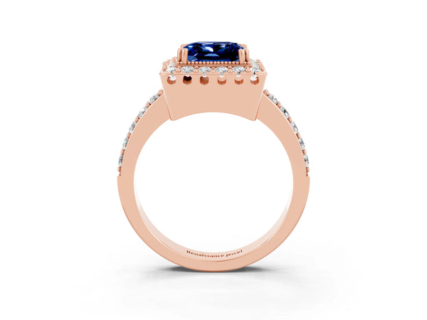 Rose gold Princess Cut Blue Sapphire Halo Ring with Pavé Band and Prong Setting