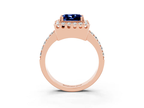 Rose gold Princess Cut Blue Sapphire Halo Ring with Pavé Band and Prong Setting_3