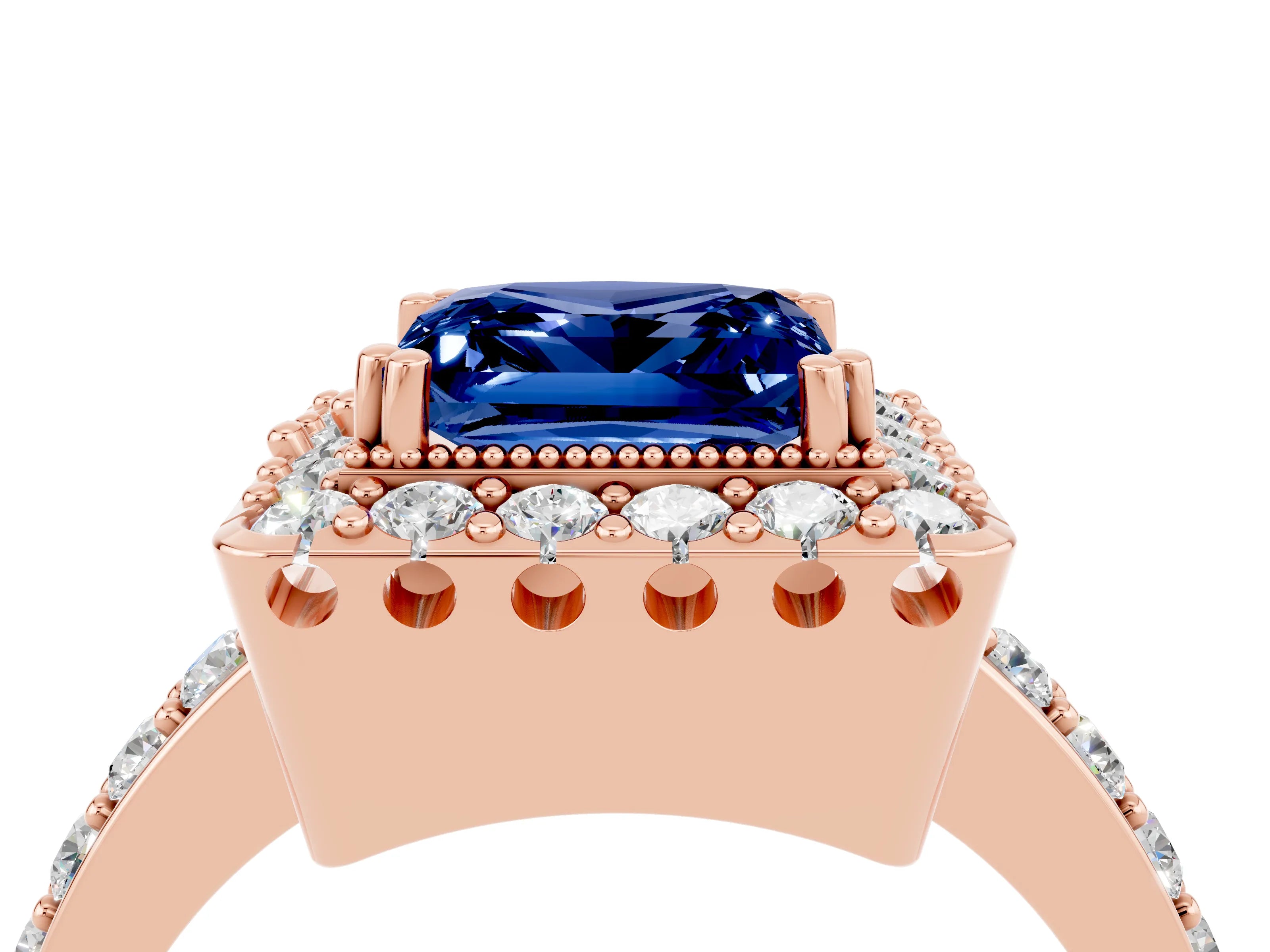 Rose gold Princess Cut Blue Sapphire Halo Ring with Pavé Band and Prong Setting_4
