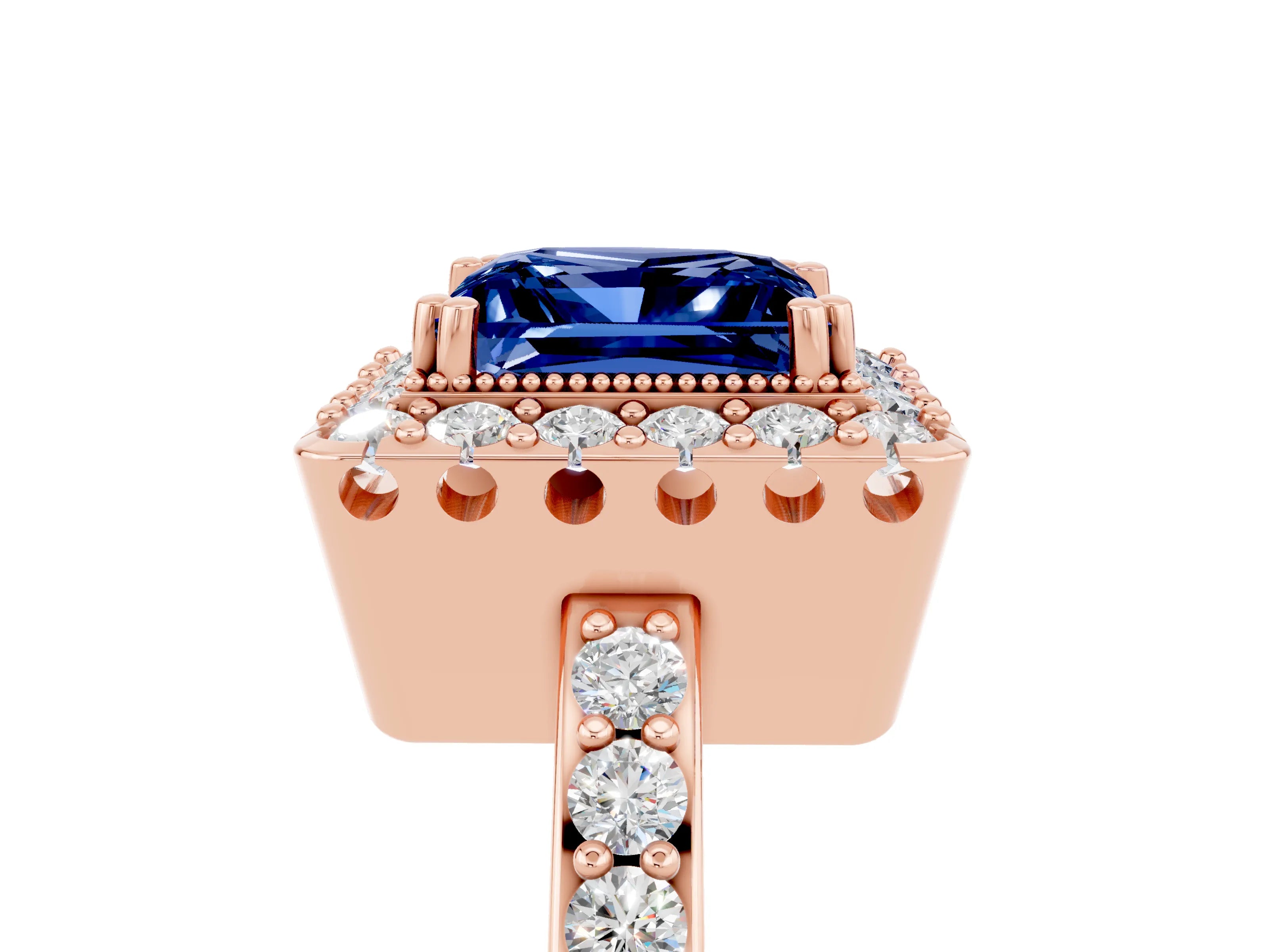 Rose gold Princess Cut Blue Sapphire Halo Ring with Pavé Band and Prong Setting_5