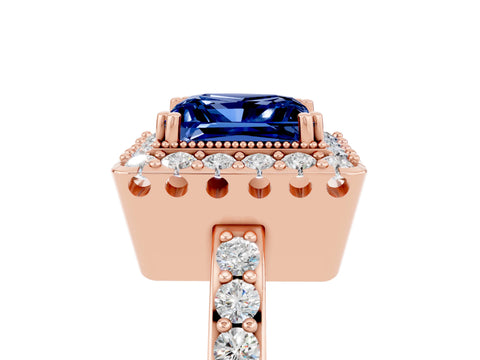 Rose gold Princess Cut Blue Sapphire Halo Ring with Pavé Band and Prong Setting_5