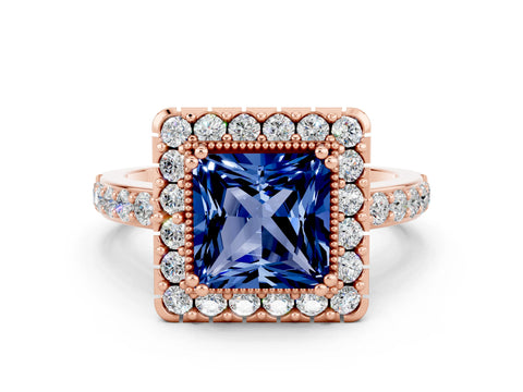 Rose gold Princess Cut Blue Sapphire Halo Ring with Pavé Band and Prong Setting