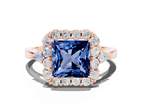 Rose gold Princess Cut Blue Sapphire Halo Ring with Pear Side Stones and Prong Setting_12