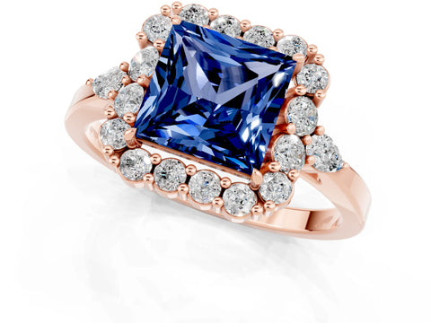 Rose gold Princess Cut Blue Sapphire Halo Ring with Pear Side Stones and Prong Setting_13