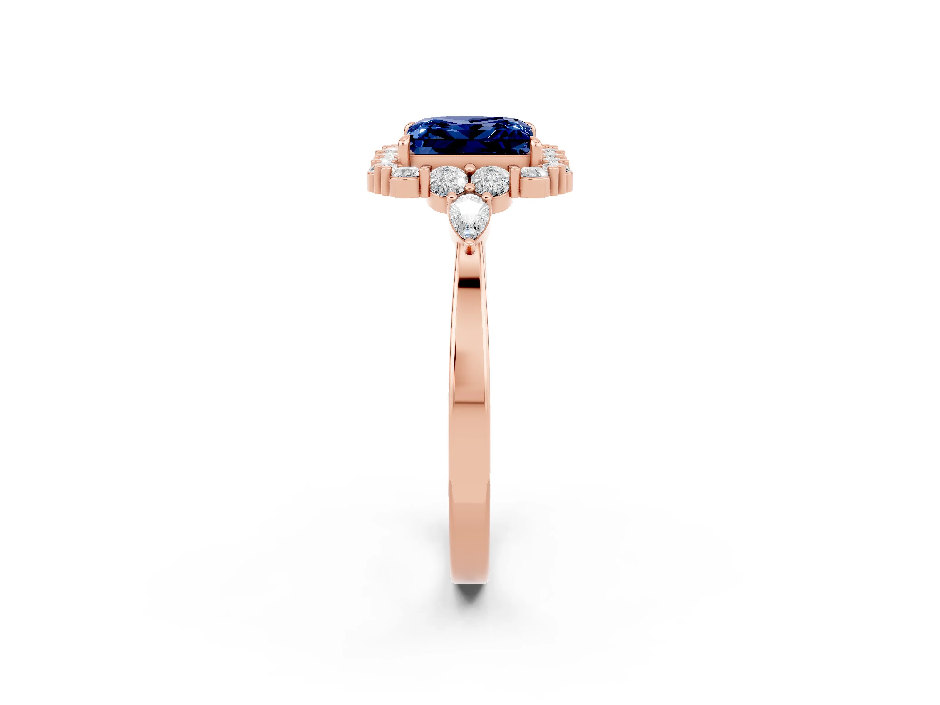 Rose gold Princess Cut Blue Sapphire Halo Ring with Pear Side Stones and Prong Setting_14
