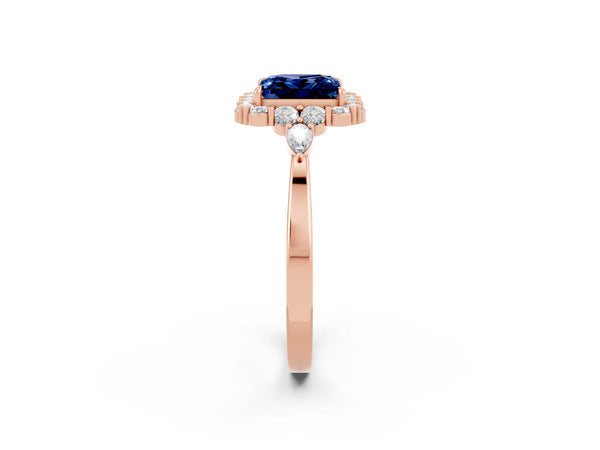 Rose gold Princess Cut Blue Sapphire Halo Ring with Pear Side Stones and Prong Setting