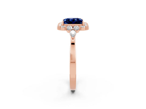 Rose gold Princess Cut Blue Sapphire Halo Ring with Pear Side Stones and Prong Setting_14