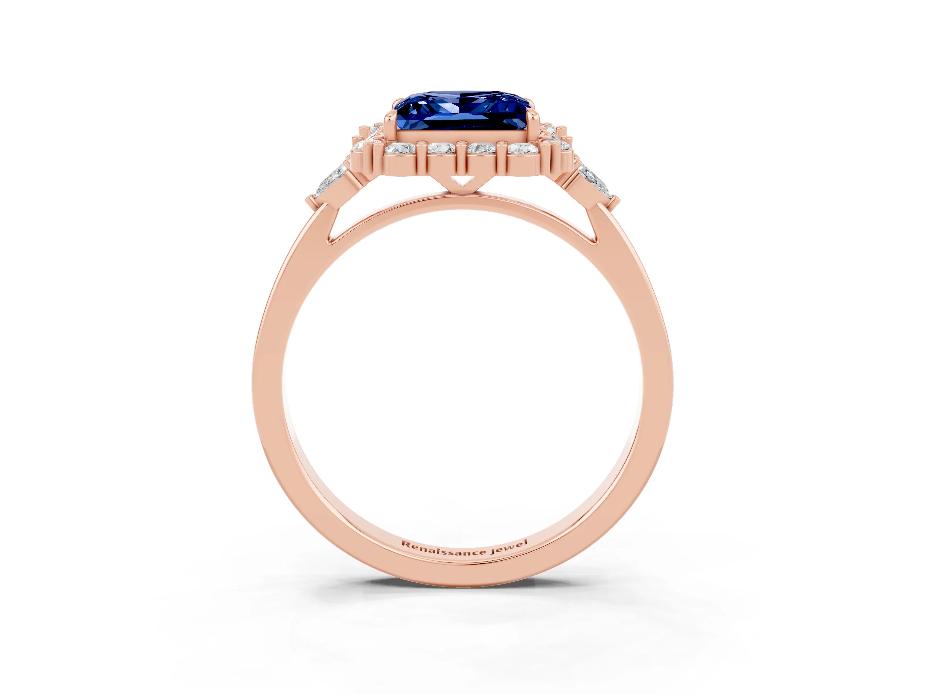 Rose gold Princess Cut Blue Sapphire Halo Ring with Pear Side Stones and Prong Setting_15