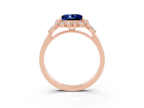 Rose gold Princess Cut Blue Sapphire Halo Ring with Pear Side Stones and Prong Setting_15